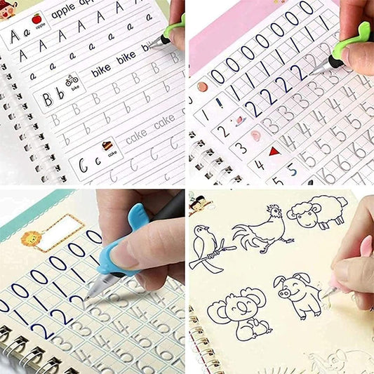 Magic Practice Copybook, (4 BOOK +1 PEN + 10 ) Calligraphy books for kids Reusable Writing Tool